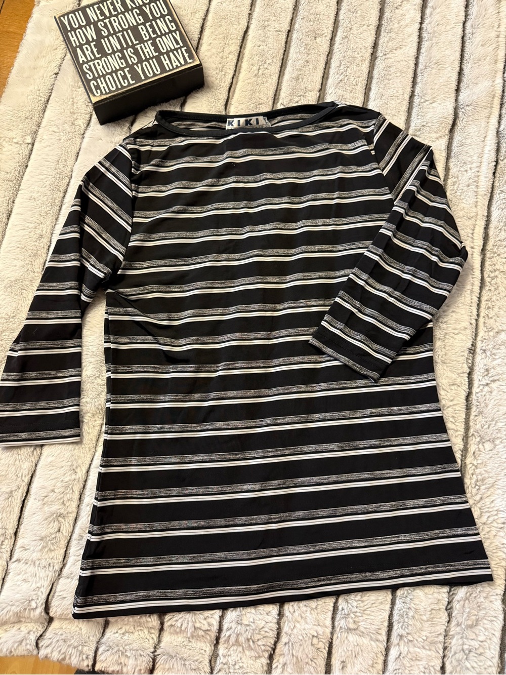 KIKI Black & White Striped Women's Boatneck Top